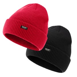 Bonjour - 2 Pack Classic Cuffed Beanie Hats - Thermal Winter Warm Insulated Beanie Hats for Women Classic Slouch Knit Soft Hat Stretchy Beanies for Women Red/Black