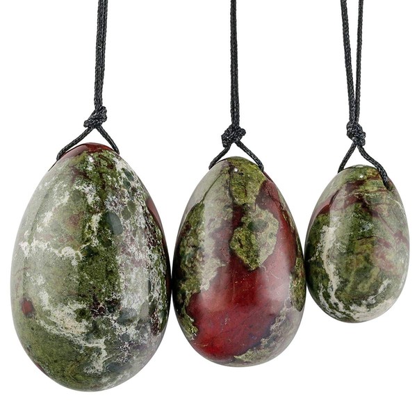 mookaitedecor Dragon Blood Jasper Yoni Eggs Set of 3, Predrilled with Unwaxed String, Massage Stones for Women to Strengthen Pelvic Floor Muscles with Velvet Pouch