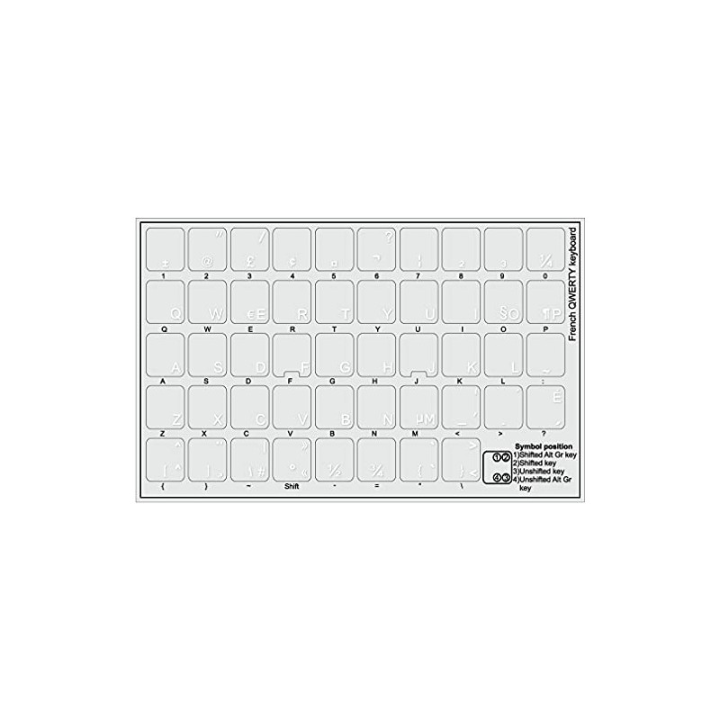 French QWERTY Canadian Keyboard Labels with White Lettering ON Transparent