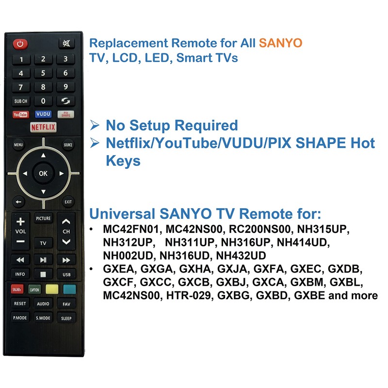 Universal Replacement Remote for All SANYO TV, LCD, LED, Smart