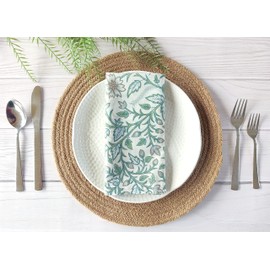 Craftbot Soft Cotton Printed Napkins 18x18 inches - Washable Thin Cloth Napkins Set of 6 - Everyday Use Party and Events - Sage Green Floral Pattern Indian Block Print Fabric, Sage Green and White