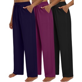 Neer 3 Pack Women's Baggy Sweatpants with Pockets, Wide Leg Yoga Pants Cozy Thick Lounge Pants Drawstring Casual Loose Jogger(Medium,Black, Navy Blue, Fuchsia)