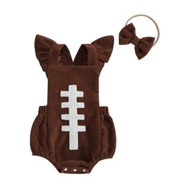 Summffie Newborn Baby Girl Football Outfit Ruffle Sleeveless Rugby Embroidery Romper Corduroy Bodysuit Game Day Clothes (Coffee, 6-12 Months)