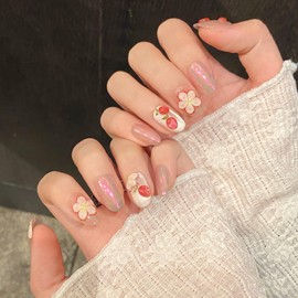 TENPAL Press on Nails 10Pcs with Tools Kit,3D Strawberry Spring Summer Pink Aurora Fake Nails,Cute Floral Almond Short Nails,Full Cover False Nails Simple Blush Glue on Nails Sweet Summer Nails(L)