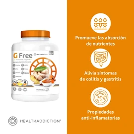 Suplemento Alimenticio Healthaddiction G Free Vegano I Cuidado Intestinal I Glutamina, Fibra, Cúrcuma, Jengibre, Vitamina y Minerales I Delicioso Sabor Vainilla I Ingredientes 100% naturales I 430g