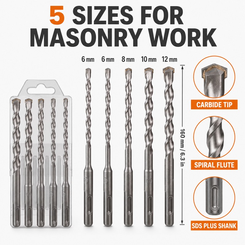 5-Piece SDS Plus Carbide Masonry Drill Bit Set, 160mm