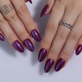 Handmade Press on Nails-Plum Purple Cat Eye Medium Almond Fake Nails | Galaxy Glitter Acrylic Press Ons Reusable Glossy Stick on Nails for Women Girls | 32 Pcs-16 Sizes Nails Kit