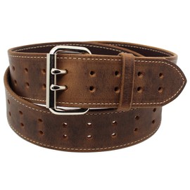 Forest Hill Construction Grade, Two Prong, Heavy Duty, Full Grain Leather Belt, 2 Inch Wide, Made in USA (Distressed Brown, Natural Stitch, Silver Buckle, 38 Inch (Waist 36))
