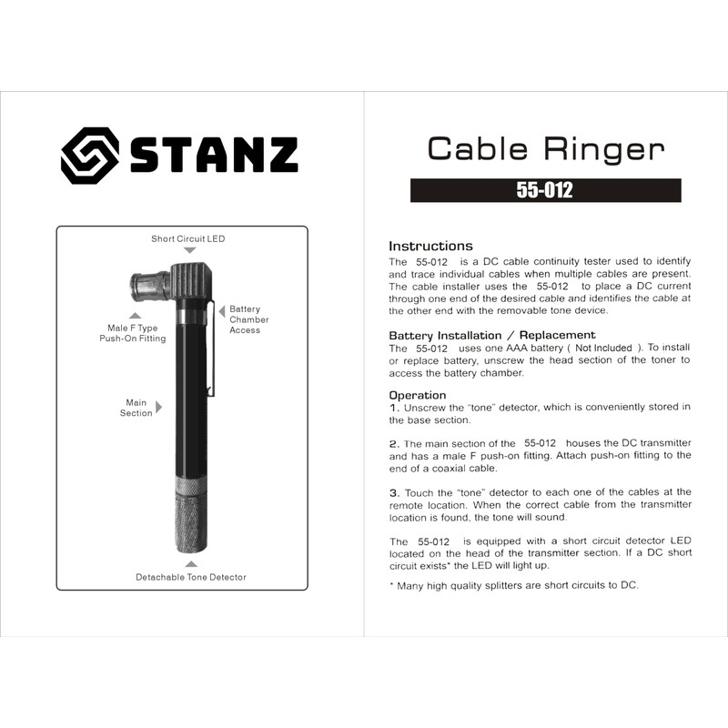 Stanz (TM) Pocket Toner, Cable Toner, coaxial Toner, Tracker, Finder,
