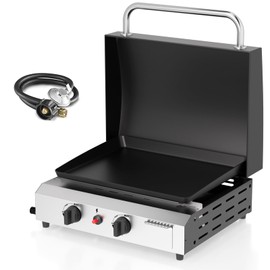 ADREAK 17.3'' Gas Griddle Flat Top Grill with Lid, 2-Burner Tabletop Portable Propane Griddle for Outdoor Cooking, BBQ, Camping & Tailgating Barbecue, 30,000BTU Output