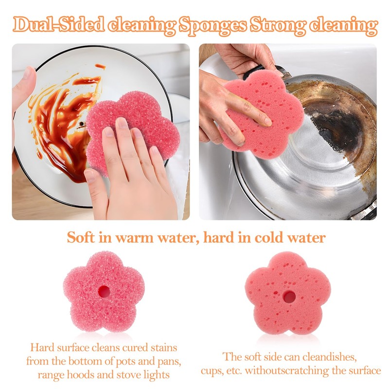 Scrub Sponge, 3-Piece Pack of Floral Shaped Dual Texture, Non-Scratch
