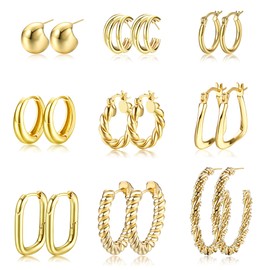 MILACOLATO 9 Paar Ohrringe Silber/Gold Creolen Damen Hoop Ohrringe Für Frauen Lightweight 14K Gold Plated Chunky Multipack Hypoallergenic Twisted Huggie Schmuck Set Für Geschenke Gold