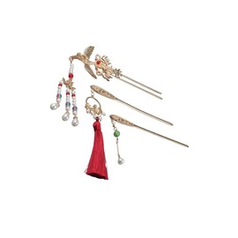Pokinge 3 Pcs Chinese Style U-shape Hair Stick Vintage Hair Fork with Tassel Golden Classic Pearl Flower Hair Chopsticks Elegant Hair Accessory