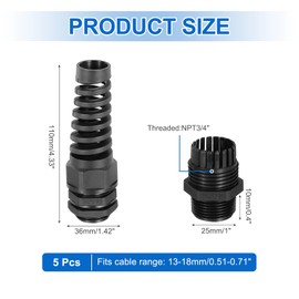 sourcing map 5 Pcs NPT3/4 Cable Glands Adjustable 13-18mm PA66 Nylon IP68 Waterproof Connectors with Dual Seals Anti-Corrosion for Industrial/Outdoor Electrical Systems