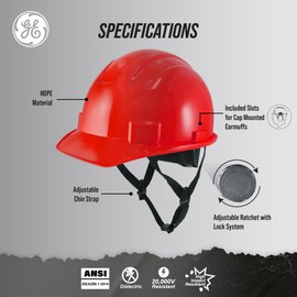 GE Cap Style Hard Hat, 4-Point Ratchet Suspension, Earmuff Slots, High Impact Resistant, Sweat-Wicking Sweatband, Meets ANSI Z89.1-2014, Comfortable, Durable, and Protective - Red, Non-Vented