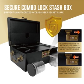 Premium Bamboo Box with Combination Lock & Handle, Home Decorative Storage Box, Large Locking Stash Box with Smell Proof Pouches, Glass Jars, Storage Bag, Tubes, Brushes as Great Gift Choice (Black)