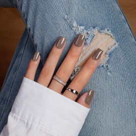 KQueenest Light Brown Press on Nails Short Medium Square, Short False Nails with Glue, Glossy Solid Nude Brown Fake Nails Press ons, Natural Fit, Coffin Reusable Gel Stick on Nail for Women 28 Pcs