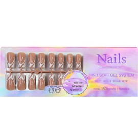 150Pcs White French Tip Press on Nails Long Square Fall Fake Nails In15 Sizes 3 IN 1 Soft Gel Nail Tips Brown Swirl Glossy Reusable Acrylic Nails No Need to File False Nails for Women Girls Manicure