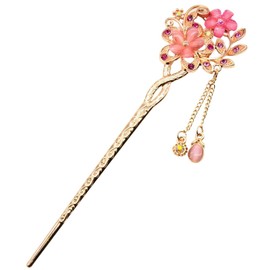 Miaomyao Kanzashi Hair Ornament, Kimono, Pink Gold, Pink, Crystal, Flower Motif, Cherry Blossom, Hair Accessory
