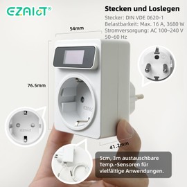 EZAIoT Socket Thermostat WLAN Heating / Cooling and Timer Switch with 3 m and 5 cm Sensor, Digital Temperature Controller for Greenhouses, Aquariums, 230 V, OLED Screen