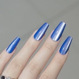 Coffin Press on Nails Sea Blue Fake Nails Medium False Nails with Cat Eye Design Shiny Acrylic Nails Glitter Press on Nails Full Cover Glossy Acrylic Nails Reusable Artificial Nails for Women Girls