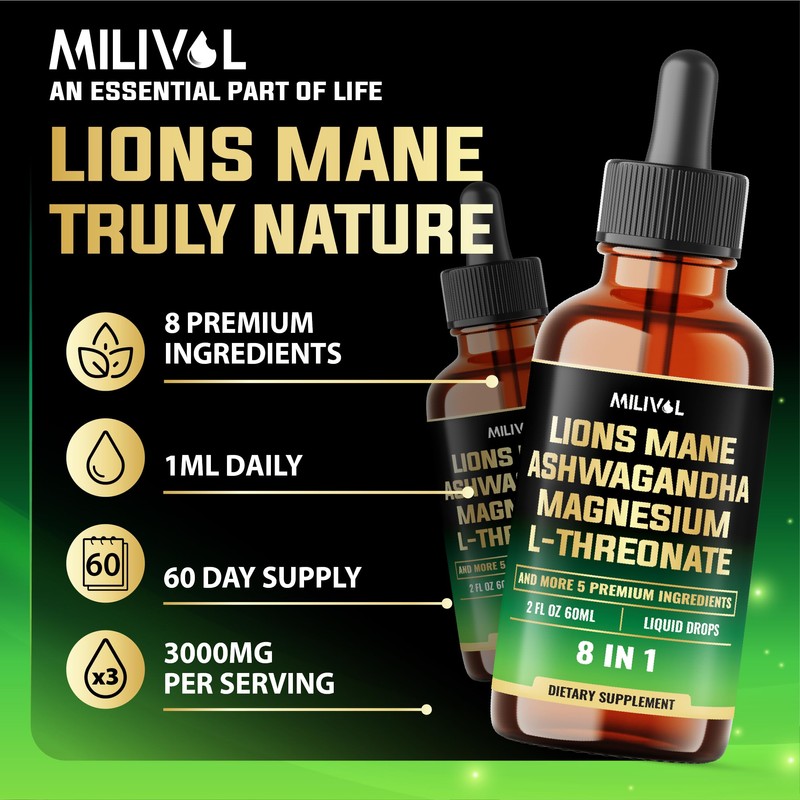 MILIVOL 8in1 Lions Mane Liquid Drops with Ashwagandha Root, Magnesium