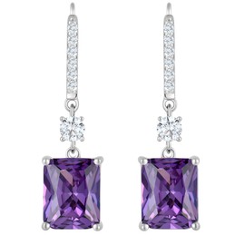 YL 10x8mm Dangle Earrings for Women Sterling Silver Leverback Earrings Cushion Cut Created Birthstone Jewelry Gifts, Sterling Silver, Created Amethyst, 02_Feb._Amethyst, AC-NE04741C