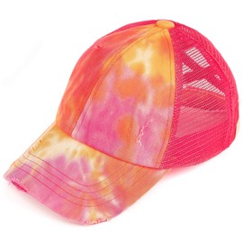 Funky Junque Girls Criss Cross Hat Messy Bun High Ponytail Baseball Cap, Tie Dye - Orange, One Size