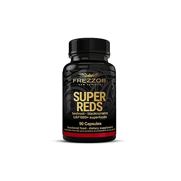 FREZZOR Super Reds Capsules with UAF1000+, All-Natural New Zealand Red Superfood Energy, Essential Red Fruits Veggies& Beets, Antioxidants, Enzymes, Energy Supplements, 90 Capsules, 1 Bottle