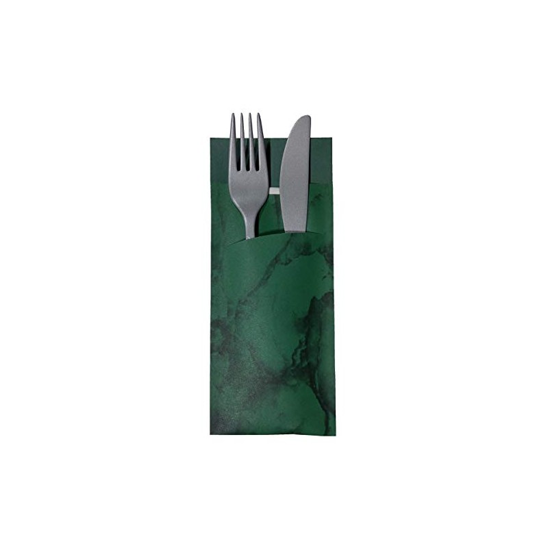 30 Cutlery Pockets with Napkin Dark Green Marbled 20 cm