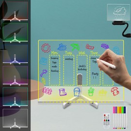 Dry Erase Board with Stand Acrylic LED Note Board Message Writing Memo Pad with 7 Colors Light with Remote Control for Home Office School （12"×8"）