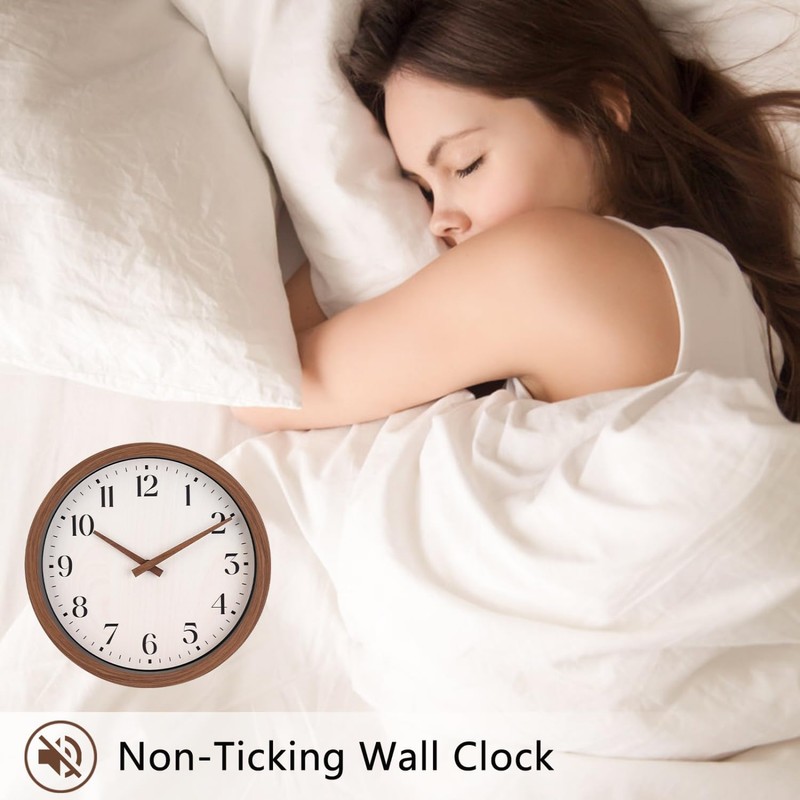 Topkey 12 Inch Round Silent Wall Clock with Wooden Hour