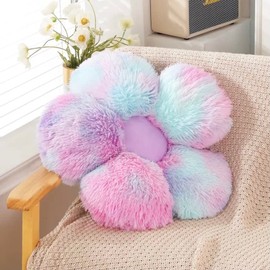 UGEYAO Faux Fur Pillow,Flower Shaped Throw Pillow Butt Cushion Flower Floor Pillow,Seating Cushion,Cute Room Decor & Plush Pillow for Bedroom Sofa Chair (19.7 Inches, Rainbow Purple)