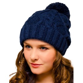 Entire Empire Navy Woolly Hat Ladies Bobble Beanie Navy Long Beanie Slouch Blue - Pompom Winter Hats Knitted with Pom Pom for Women - Woollen Cap Hat Chunky Cable Knit Navy