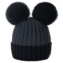 Girls Winter Beanie Hat Knitted Hats Kids Girl With Large Double Pom Pom Ski MFAZ Morefaz Ltd (Black Dark-Grey)