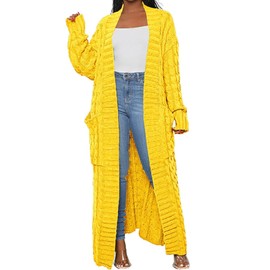 HRESSLBD Long Cardigan Sweaters for Women Plus Size Cable Knit Long Sleeve Duster Cardigans with Pockets, Fall Basic Open Front Cardigan, Stylish Cable Knit Dual Pocket Cardigan (Yellow, S)