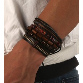 HZMAN Mix 5 Wrap Bracelets Men Women, Hemp Cords Wood Beads Ethnic Tribal Bracelets, Leather Wristbands