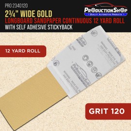 ProductionShop Premium 120 Grit PSA Gold Longboard Sandpaper, 2-3/4" Wide Continuous 12 Yard Roll - Self Adhesive Stickyback for Autobody Paint, Wood Air File Long Board Sanders, Hand Sanding Blocks