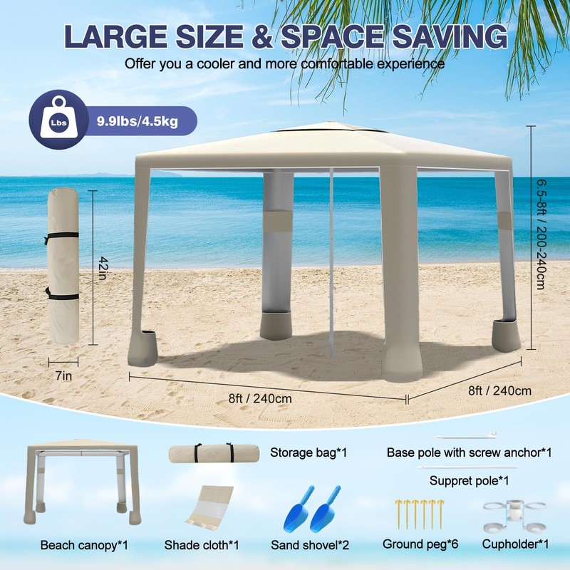 8'×8' Beach Tent, UPF 50+ Beach Canopy Sun Shelter for