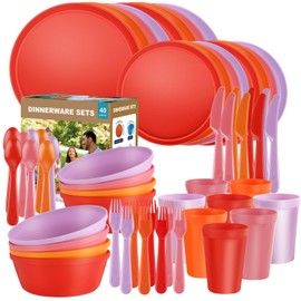 Boho Plastic Dinnerware Sets – 40-Piece Sunset Style Plates and Bowls Sets for 8, Reusable Unbreakable Dishes with Cups, Forks, Knives and Spoons, for Camping, Picnic or Everyday Use