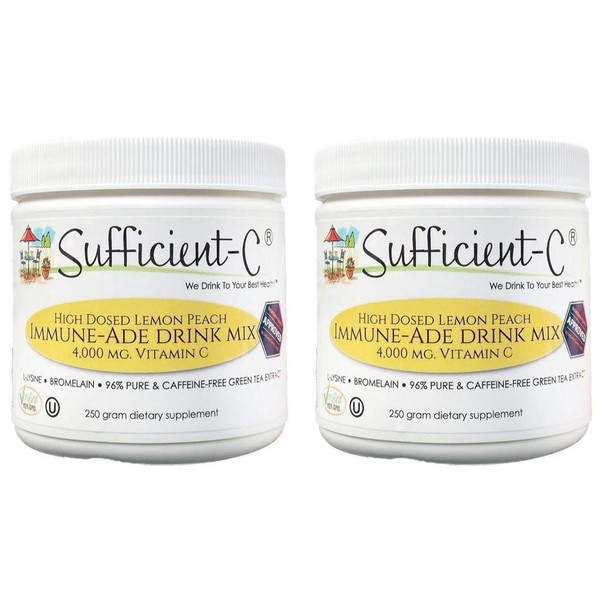 Sufficient-C High Dose Non-GMO Vitamin C - Lemon Peach Immune-Ade Drink Mix 250 Grams - Healthy Hydration Like Never Before (2 Pack)