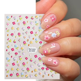DUKASOU Colorful Flower Nail Stickers for Nail Art, 5D Embossed Nails Art Stickers Decals Self Adhesive Floral Nail Sticker for Women Spring Nails Sticker Decoration