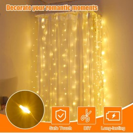 SINAMER Warm White Curtain Light for Bedroom, 300 LED 9.8ft x 9.8f