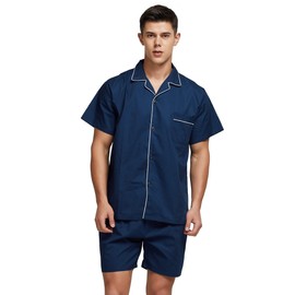 TONY AND CANDICE Men's Cotton Pajamas, Short Sleeve Pajama set Woven Button-Down Sleepwear Loungewear Nightwear (Navy Blue, Large)