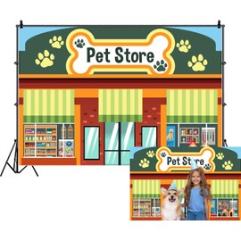8x6ft Pet Store Backdrop Cartoon Pet Shop Storefront Photography Background Pet Puppy Kitten Food Toys Banner Decorations Kids Birthday Party School Play Photo Booth Props