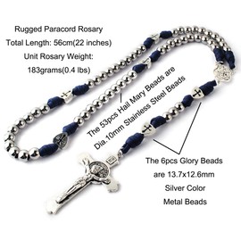 HanlinCC Large and Heavy Stainless Steel Beads Rugged Durable Paracord Rosary Necklace for Men with St.Michael Center Piece and St.Benedict Crucifix (Dark Blue Paracord Rosary)