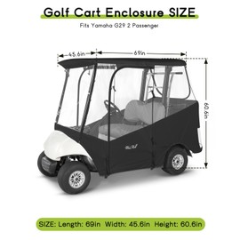 Golf Cart Enclosure 2 Passenger for Yamaha G29 Drive 2 Enclosure Waterproof Windproof Driving Rain Cover Fit 2-Seater Short Roof with 4-Sided Clear Windows Mirror Openings Roll-up Zipper Door Black