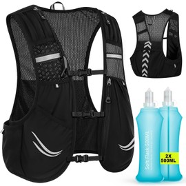Charmofun Laufweste Damen Herren, Laufrucksack Leicht mit 2 Stück 500ml Softflasche, Verstellbarer Reflektierender Trinkrucksack Laufen für Laufen, Camping, Marathon, Radfahren, Jogging