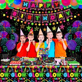 163 Pack Luminous Neon Party Accessories Luminous Party Tableware Set Neon Birthday Party Decorations Including Plates Banner Balloons Napkins Tablecloths Neon Theme Party Accessories Serves 40