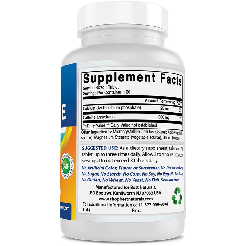 Best Naturals 3 Pack Caffeine Pills 200mg Tablets - Non